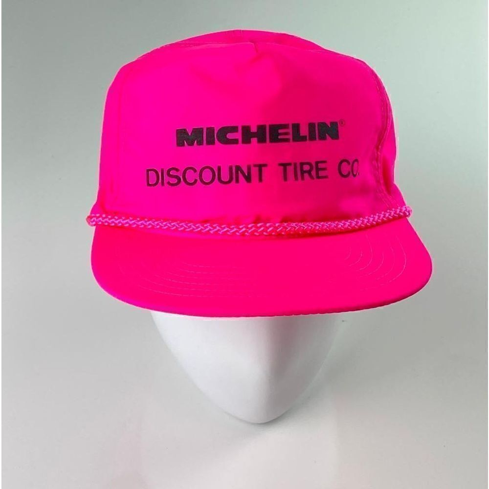 Vtg Speedway Michelin Discount Tire Co Snapback Rope Brim Trucker Hat Hot Pink